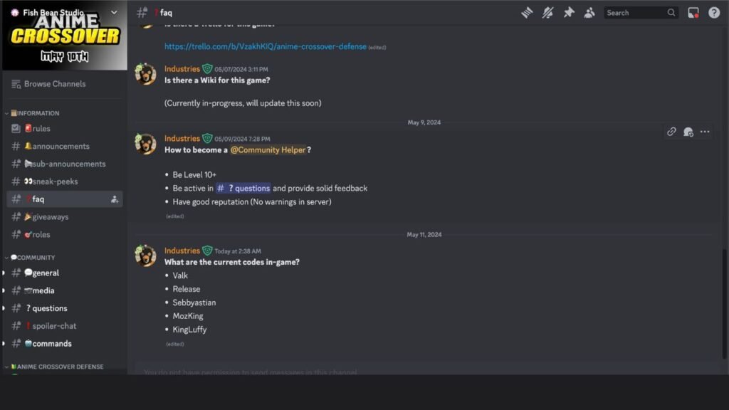 Anime Crossover Defense discord board